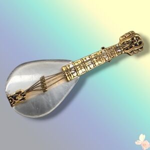 Vintage Spain Damascene String Instrument Brooch 24K Inlay Mandolin